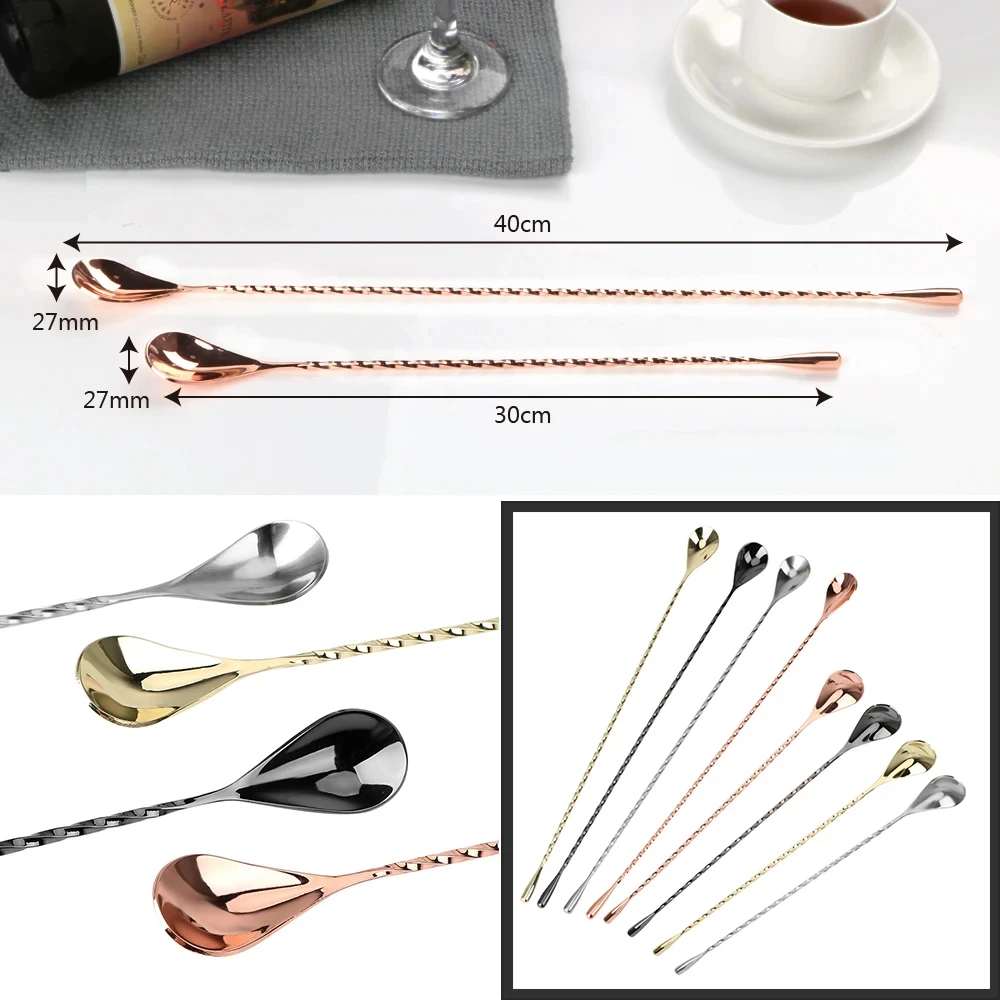 Stainless Steel Stir Bar Spoon Mixing Ounces Cocktail Spoon Spiral Pattern Bartender Tools Teadrop Bar Tool 1PC 30/40cm