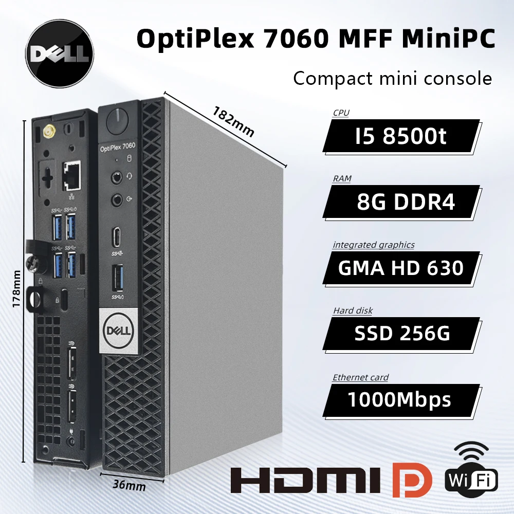 Для міні-ПК Dell OptiPlex 7060 MFF Міні-настільний комп’ютер Використовуваний мікроПК Intel Core i5-8500T 8 ГБ 256 ГБ SSD WiFi для офісу вдома