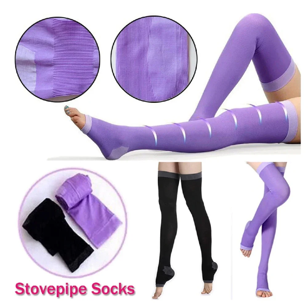 1Pair Long Leg Support Compression Stocking Open Toe Pressure Socks Shin Splints Calf Sleeve for Running Cycling Basketball