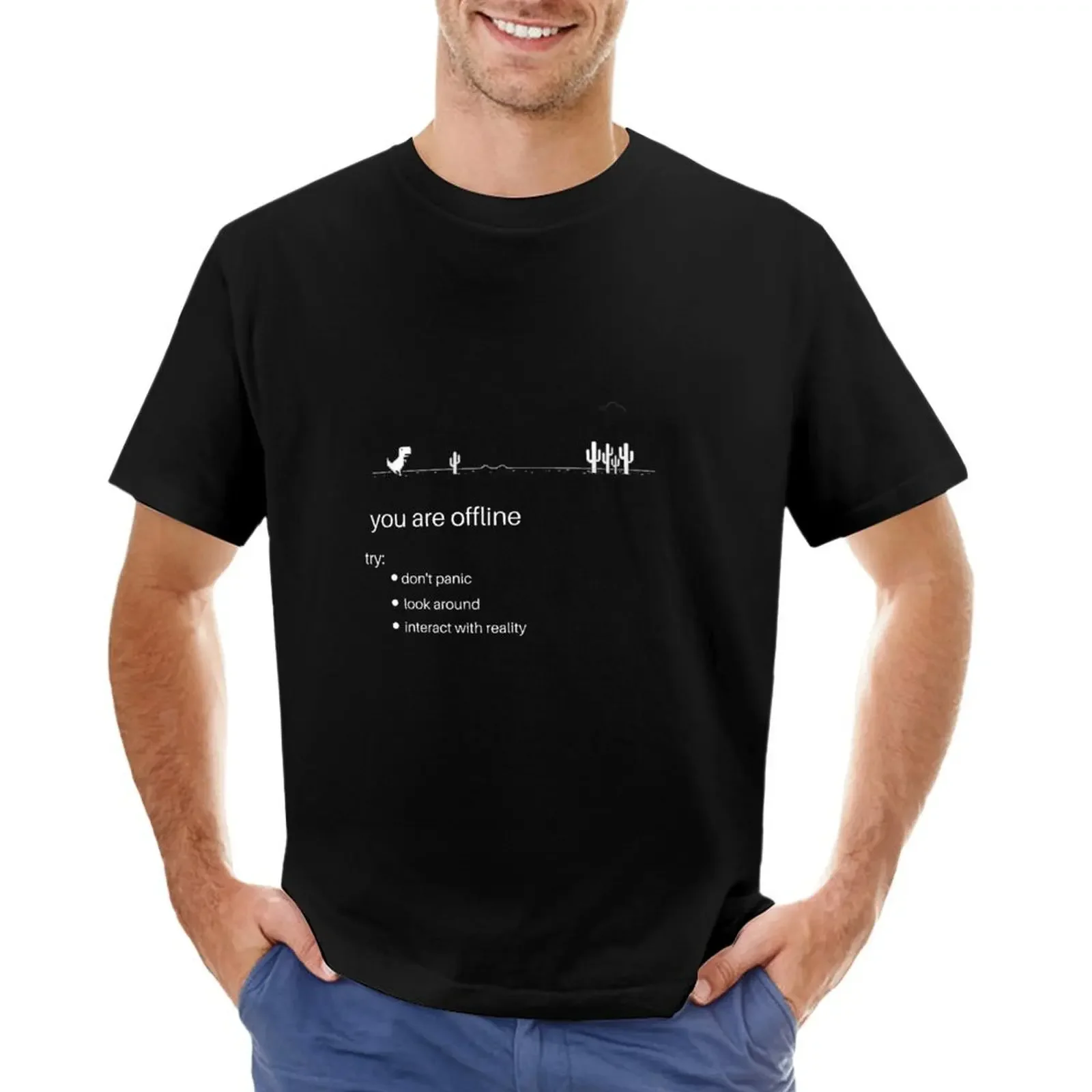 

offline dinosaur you are offline don't panic look around and interact with reality T-shirt