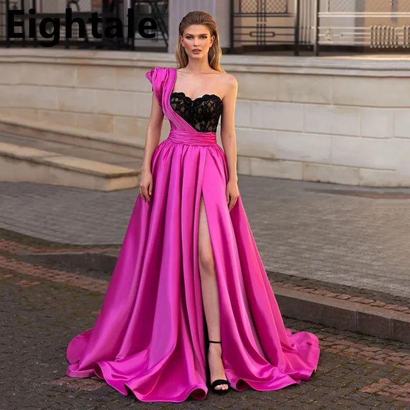 Eightale A Line Hot Pink Evening Dresses Black Lace High Side Split ...