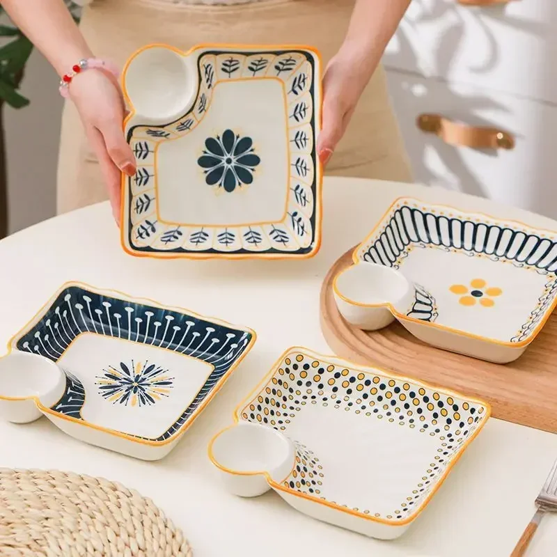 Dumpling Plate with Vinegar Dish Household Ceramic Plate Breakfast Compartment High-Grade Dumpling