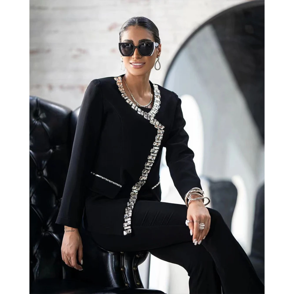 

Elegant Black Luxurious Diamond Studded Suit Jacket Versatile Women's Banquet Party Blazer One Piece