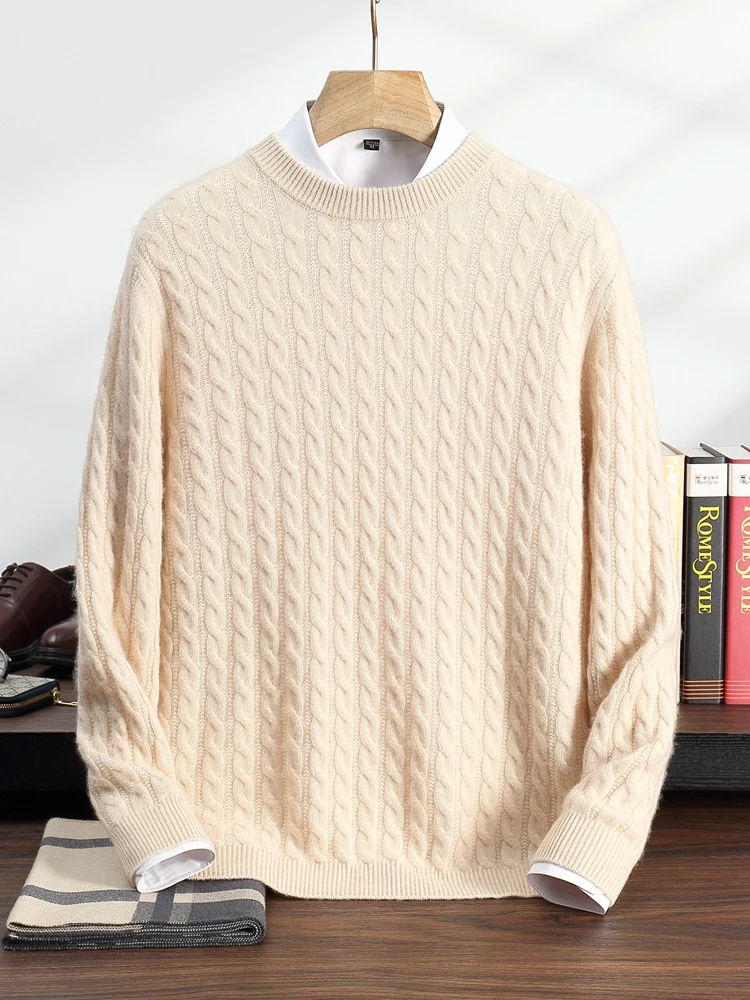 100% Cashmere Sweater Men's Round Neck Knitted Pullover Casual Loose Twist Flower Top Autumn and Winter New Thick Men's Clothing 4