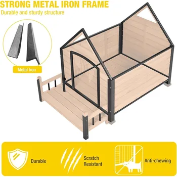 Dog House Outdoor Anti-Bite Metal Frame Design Wooden Dog Kennel Outside with Elevated Floor Weatherproof (Brown, 45 D 2