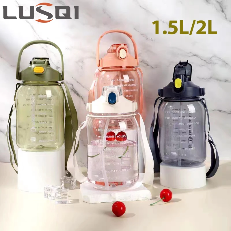 LUSQI 1.5L/2L Sports Water Bottles Portable Large Capacity Water Cup With Time Marker For Outdoor Camping Hiking Fitness