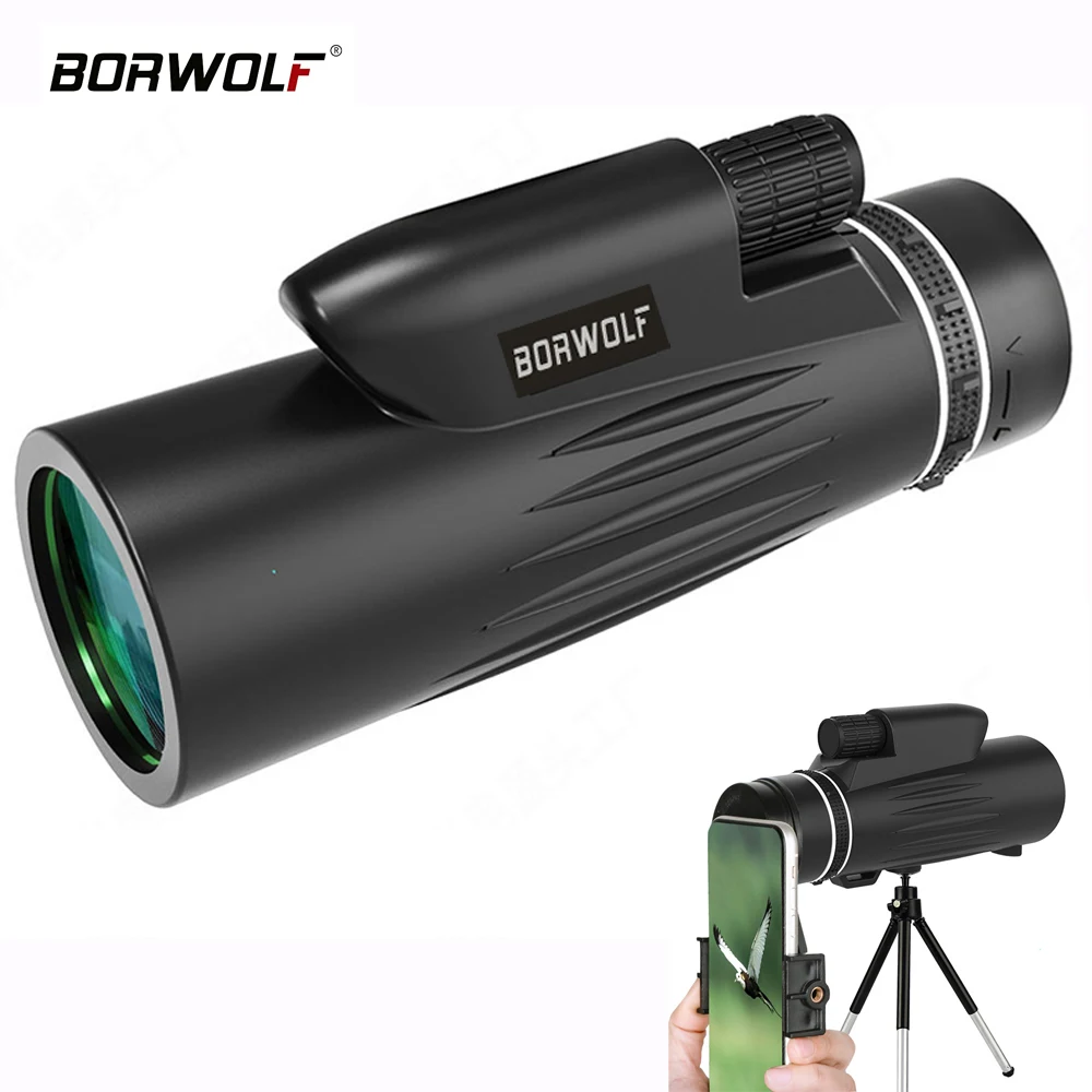 

Borwolf 12X50 монокулярный телескоп HD Bak4 призматический прицел с зажимом для телефона Штатив для охоты