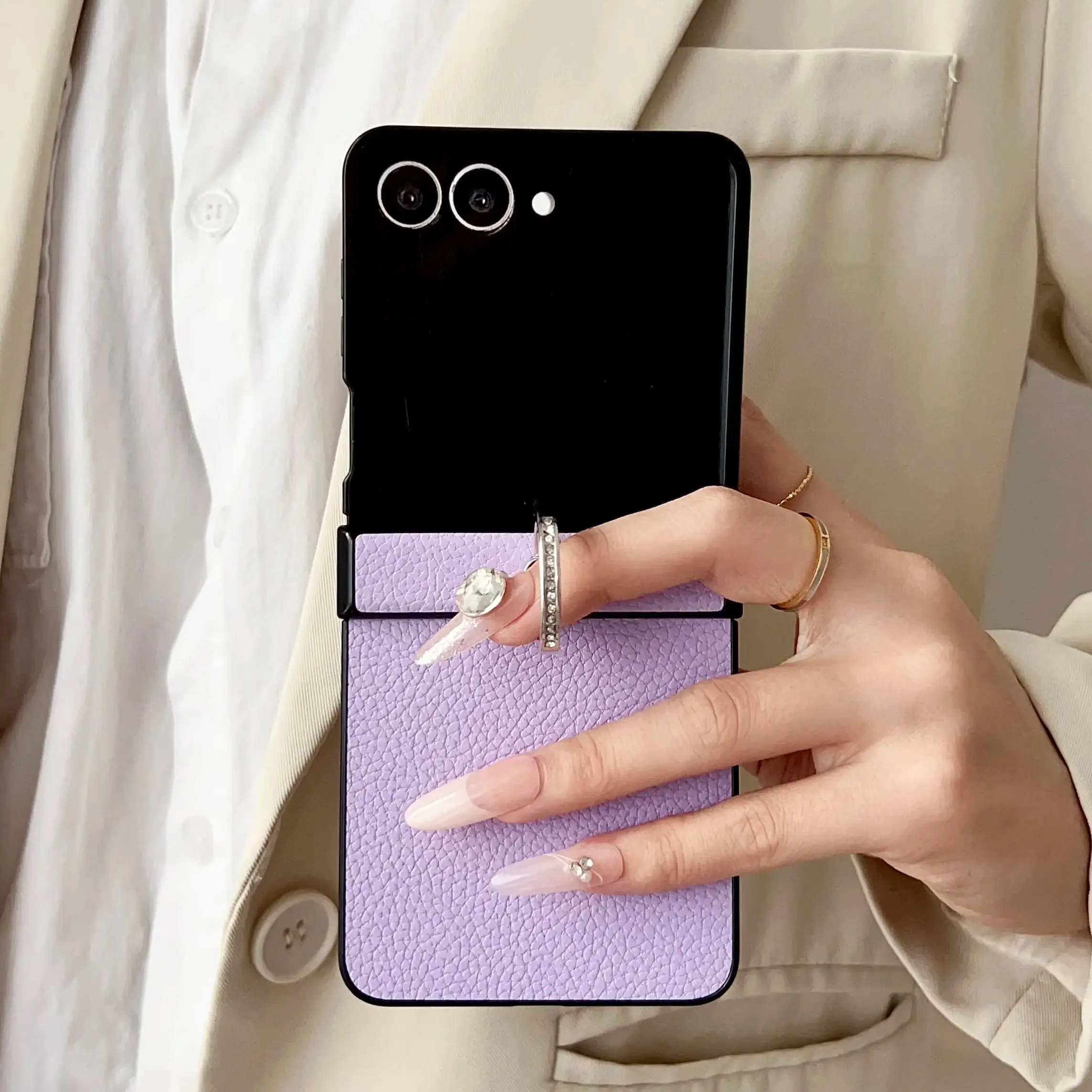 Litchi Texture Leather Foldable Phone Case with Ring Holder - Shockproof Protective Back Cover
