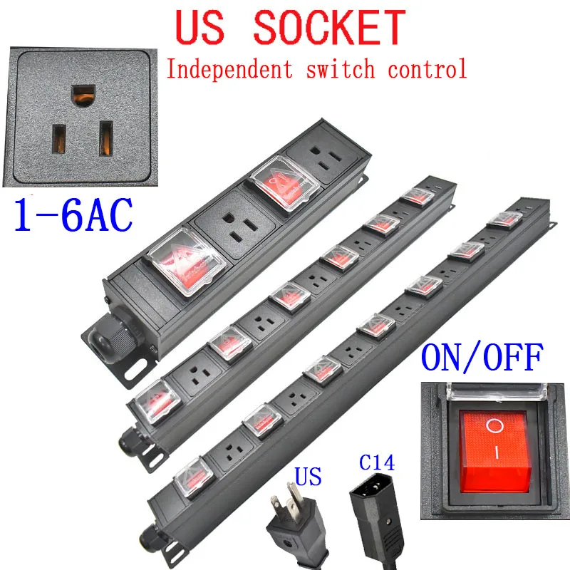 

PDU power strip 1U network cabinet rack mounted power board distribution US socket independent switch 2m wire 1-6AC socket