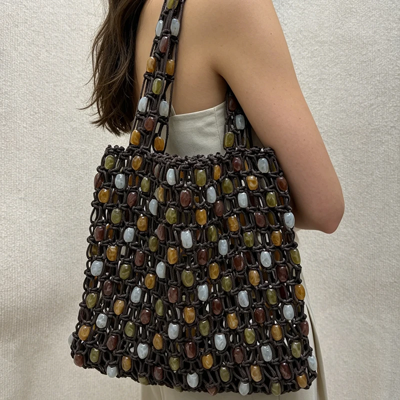 Borsa Vintage Artigianale con Perline, Borsa a Secchiello di Lusso Traforata di Design, Nuova Borsa Estiva da Spiaggia per Donne - immagine 3