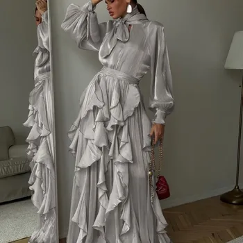 Nuovo Elegante Abito Lungo da Sera/Cerimonia da Donna 2026 con Volant, in Chiffon Lucido, a Maniche Lunghe, con Cintura Annodata e Strati