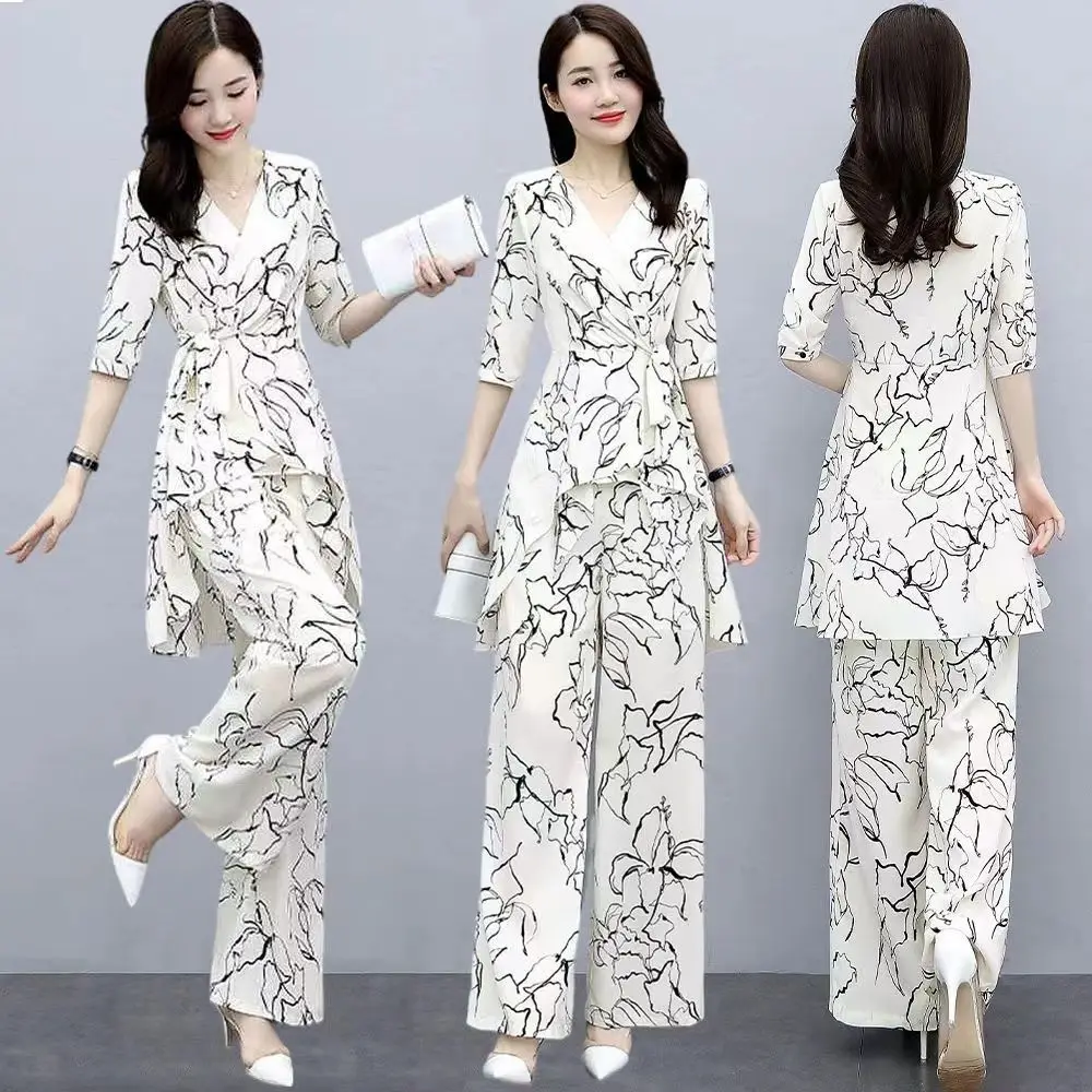 Temperament Slimming Chiffon Set Summer 2024 New Wide Legged Pants Fashion Chiffon Shirt Loose Two Piece Set