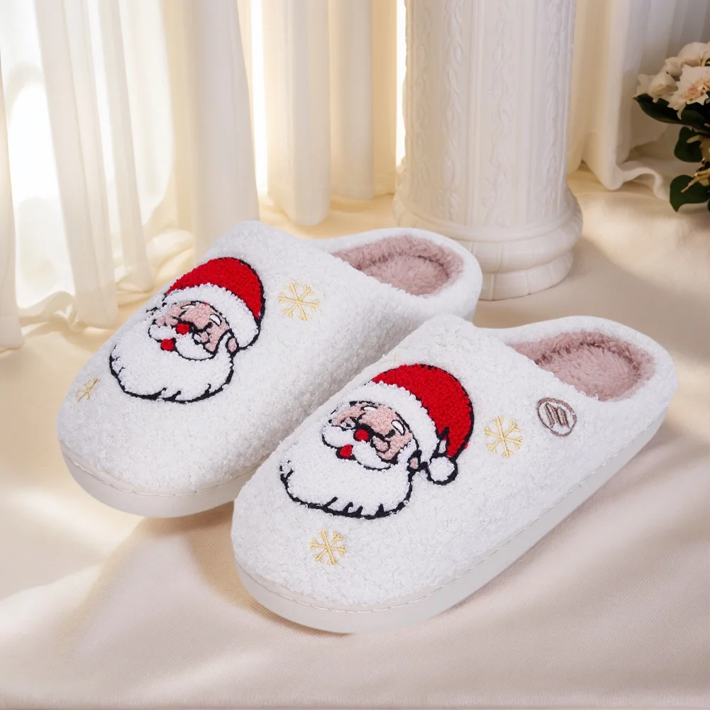 Christmas Santa Claus Fluffy Home Slippers Comfortable Fuzzy Closed Toe Slippers Non-Slip Soft Furry Slippers for Men Women