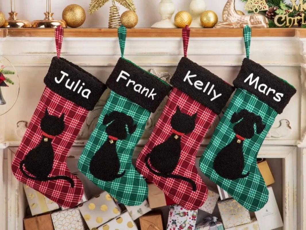 

Custom Embroidered Pet Stocking Personalized Cat/Dog Christmas Stocking Plaid Christmas Stocking with Name Holiday Stockings