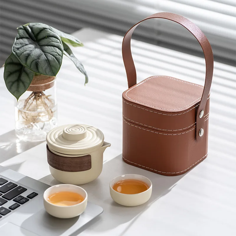 Travel Tea Set, Ceramic Quick Cup Portable One Pot and Two Cups