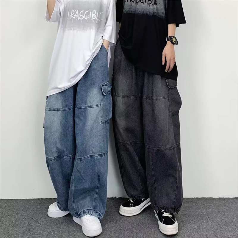 Japanese Retro Wide-leg Jeans Big Pocket Overalls Men Casual Loose Wide Leg Jeans Summer Autumn Fashion Straight Pants