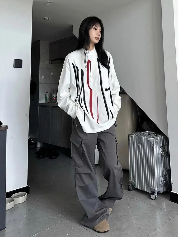 

Топ оверсайз Y2K, американская Винтажная футболка с длинным рукавом, женские весенне-осенние белые футболки с графическим принтом в стиле хип-хоп и ручной росписью