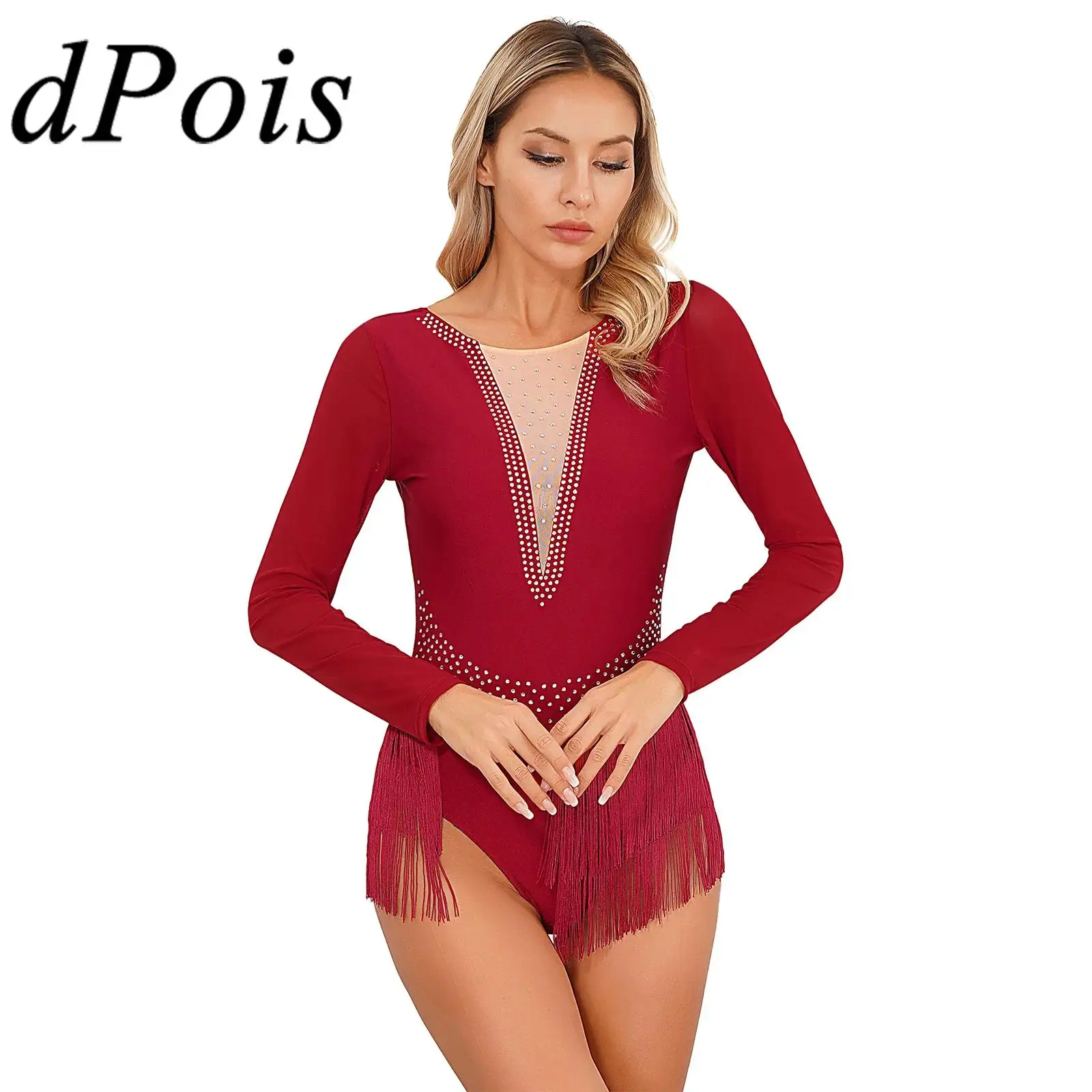 

Womens Fringed Latin Dance Leotard Dress Sheer Mesh Long Sleeve Tassel Jumpsuit Gymnastics Bodysuit Femme Figure Skating Dress