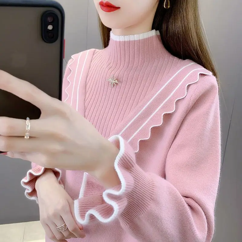 

Autumn Winter Warm Sweater Women Vintage Ruffles Knit Pullover Long Sleeve Half Turtleneck Jumper Korean Casual Coat Solid