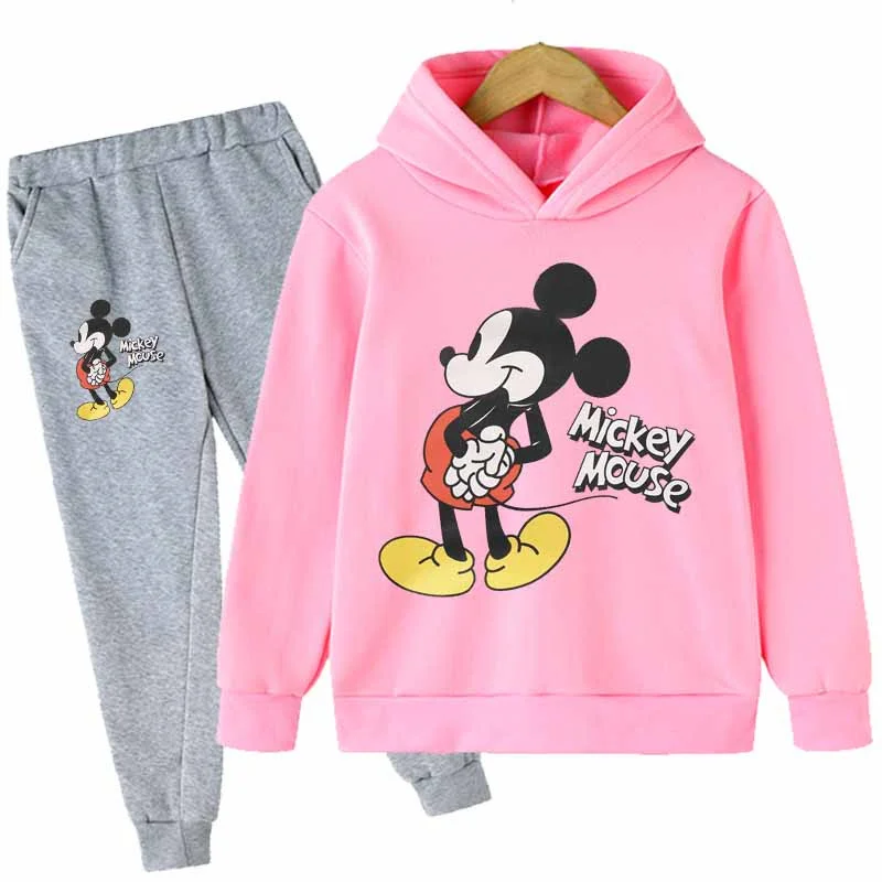 thumbnail image 1 of Conjunto de 2 piezas de sudadera con capucha y pantalones largos de manga larga con estampado de Mickey y Minnie Mouse para niñas, ropa deportiva informal para niñas, 1 of 4