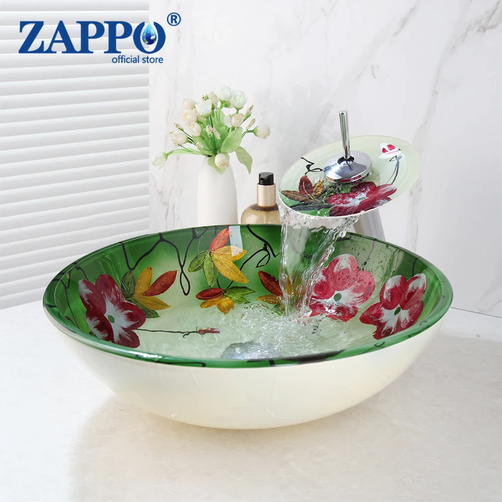 

ZAPPO Round Bathroom Vessel Sinks Green Glass Vessel Sink Above Counter Bowl Sinks For Bathroom Tempered Glass Basin