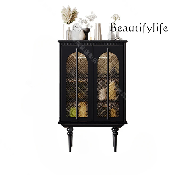 

French Vintage Style Sideboard Cabinet Light Luxury Solid Wood Living Room Induction Lamp Glass Door Home Entrance Cabinet