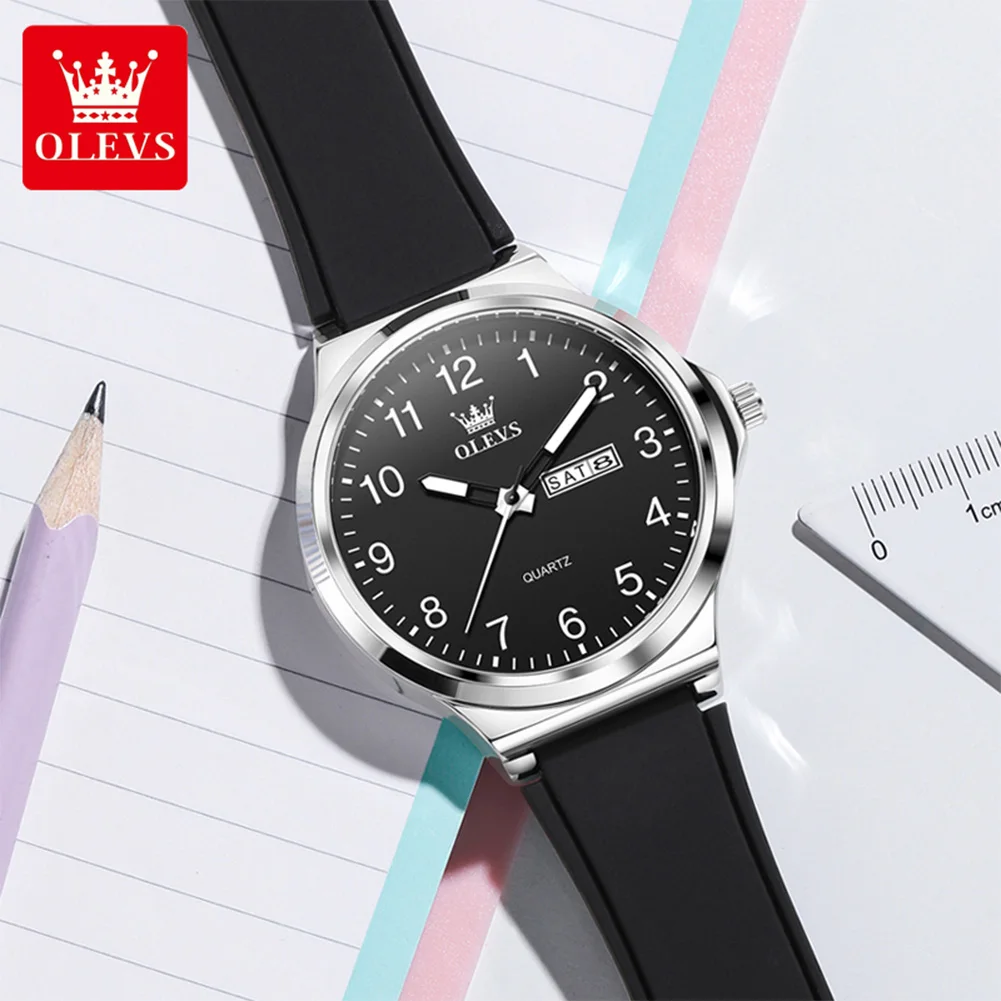 OLEVS 5647 Man Watch Simple Original Quartz Watches For Men Dual Calendar Waterproof Luminous Silicone Strap Fashion Wristwatch