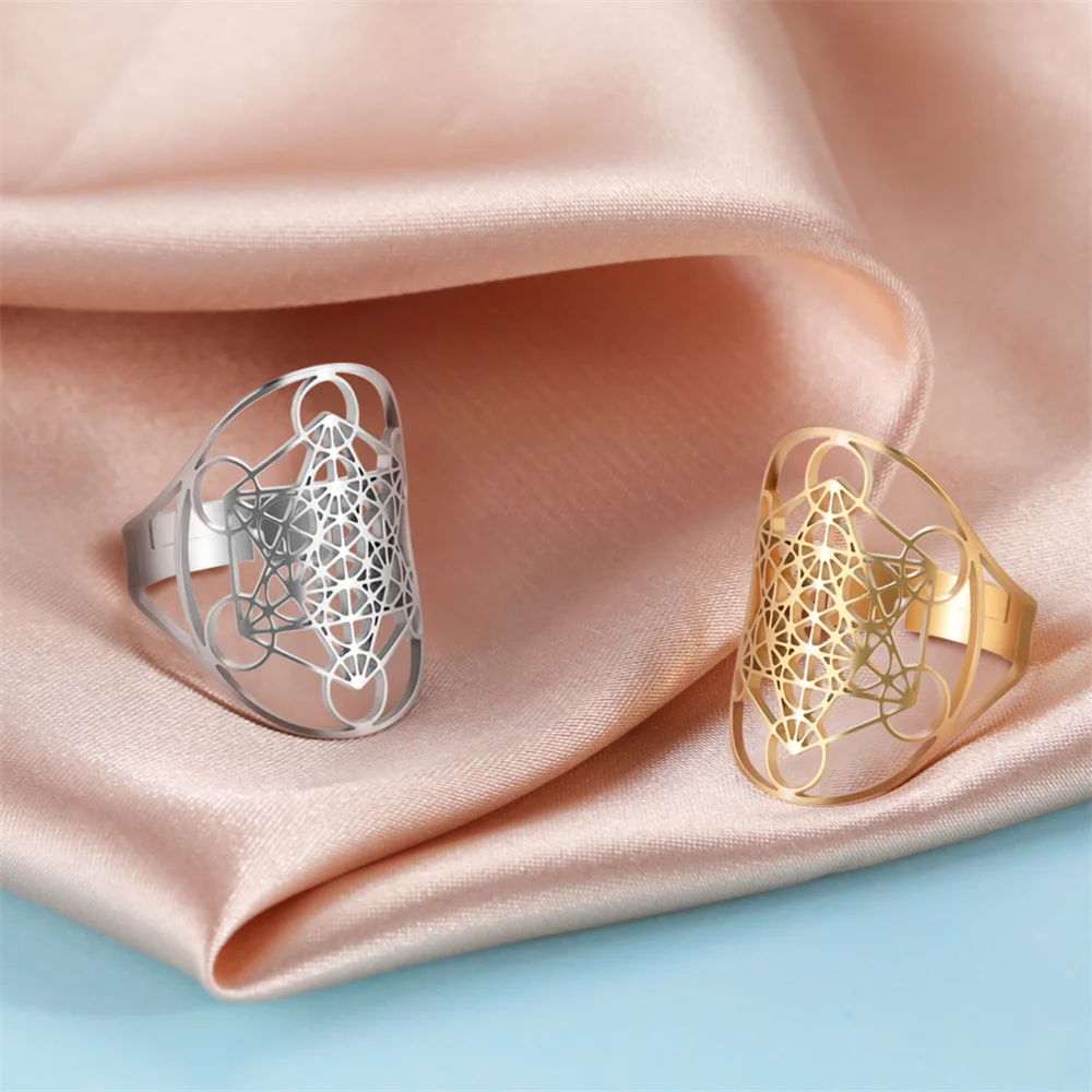 2025 Fashion Style Stainless steel flower of life amulet with hollow Archangel adjustable ring sacred geometry Wicca jewelry for and_voghion.com