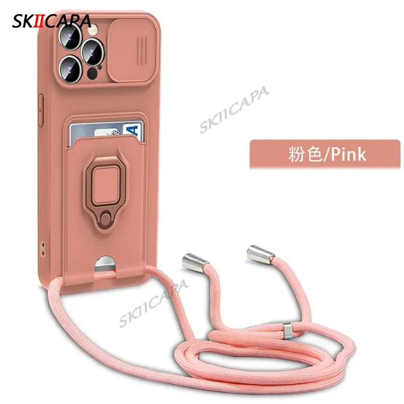 Crossbody Necklace Lanyard Silicone Wallet Case with Card Slot & Ring Holder