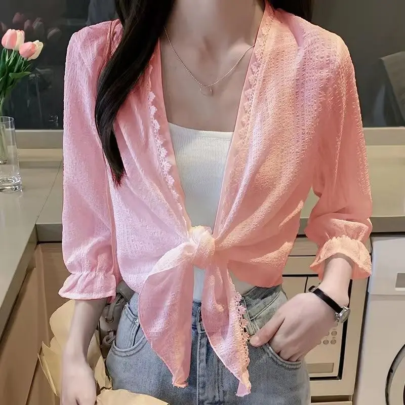 

Elegant Spliced Gauze Lace Ruffles Bandage Princess Sleeve Shirt Women's Clothing 2023 Summer New Casual Tops Sweet Blouse