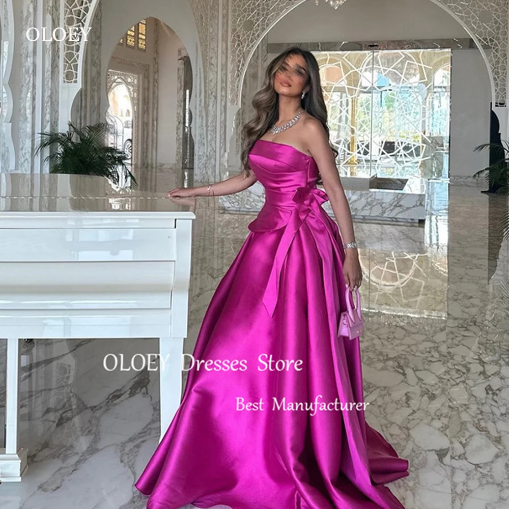 

OLOEY Fushcia Satin A Line Saudi Arabic Women Evening Dresses Elegant Strapless Floor Length Prom Gowns Formal Occasion Party