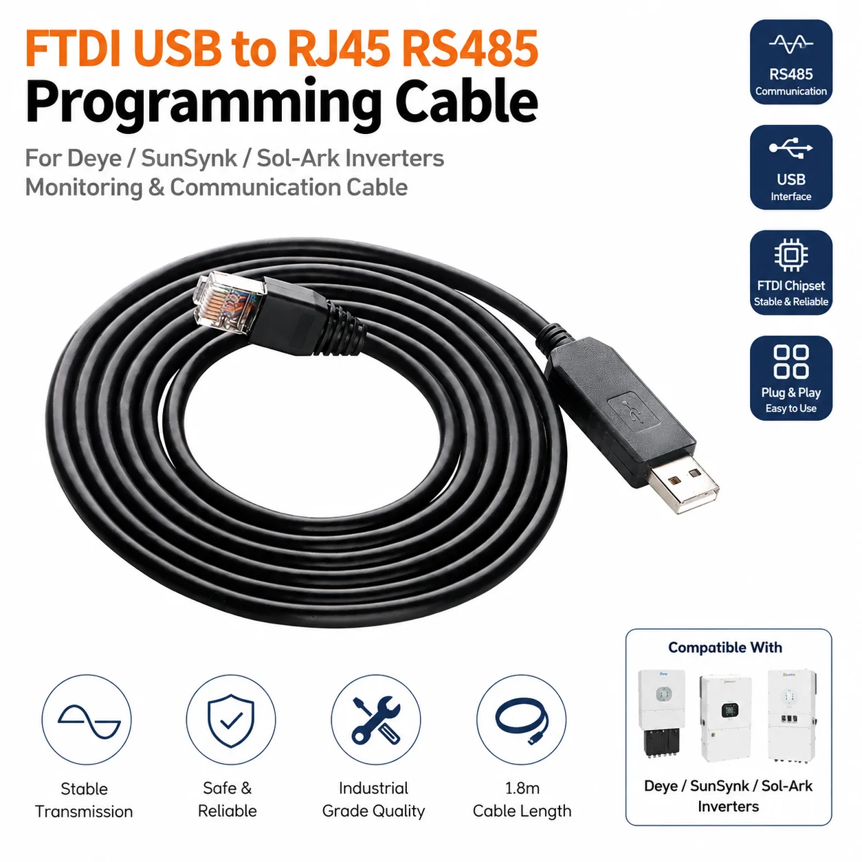FTDI USB-RJ45 RS485 프로그래밍 케이블 (데이 선싱크 솔-아크 인버터 모니터링 통신 케이블)