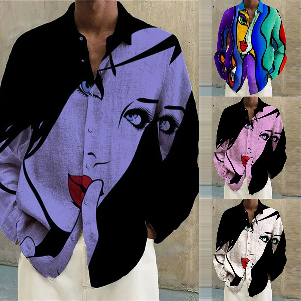 

Spring Men's Casual Shirts Print Long Sleeve Loose Shirt And Blouse Button Lapel Collar Leisure Tops Man Clothing