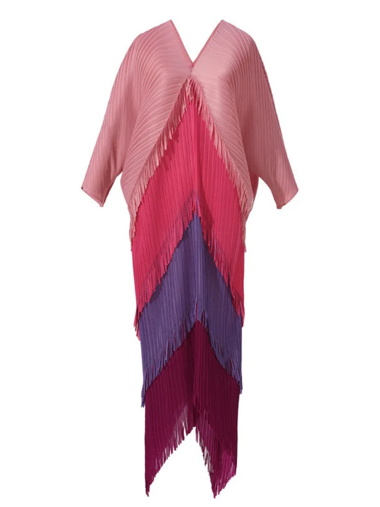 

Miyake V-neck Tassel Mid-long Pleated Dress Women Batwing Sleeve Loose Patchwork 2023 Spring Female Wedding Party Clothing