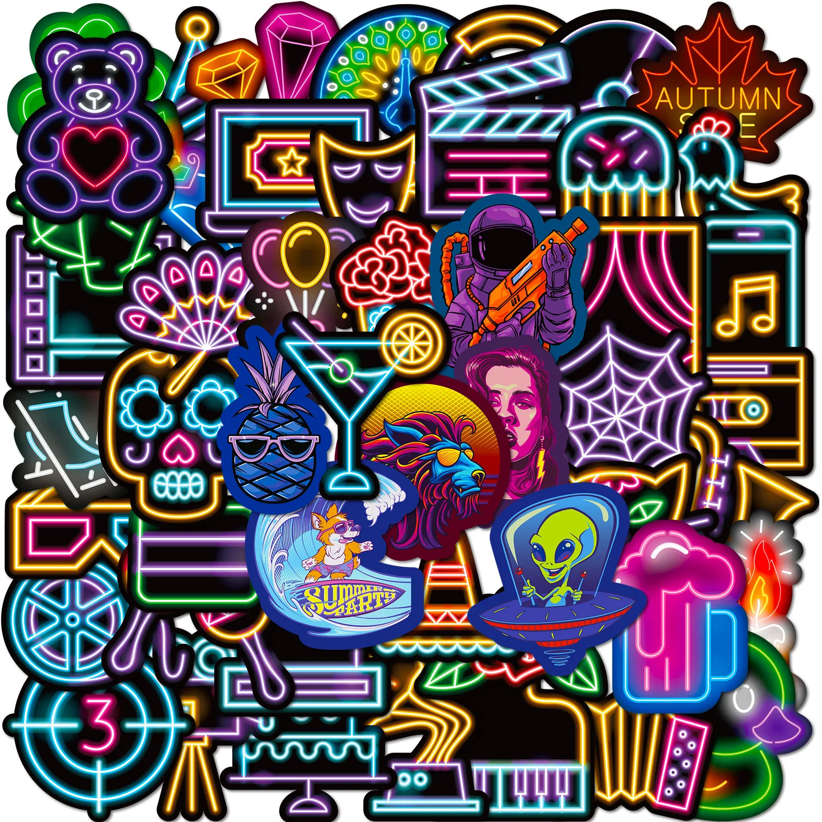 

10/30/50/100pcs Cool Neon Light Cartoon Stickers Aesthetic Decals DIY Kids Scrapbook Phone Laptop Luggage Decoration Sticker Toy