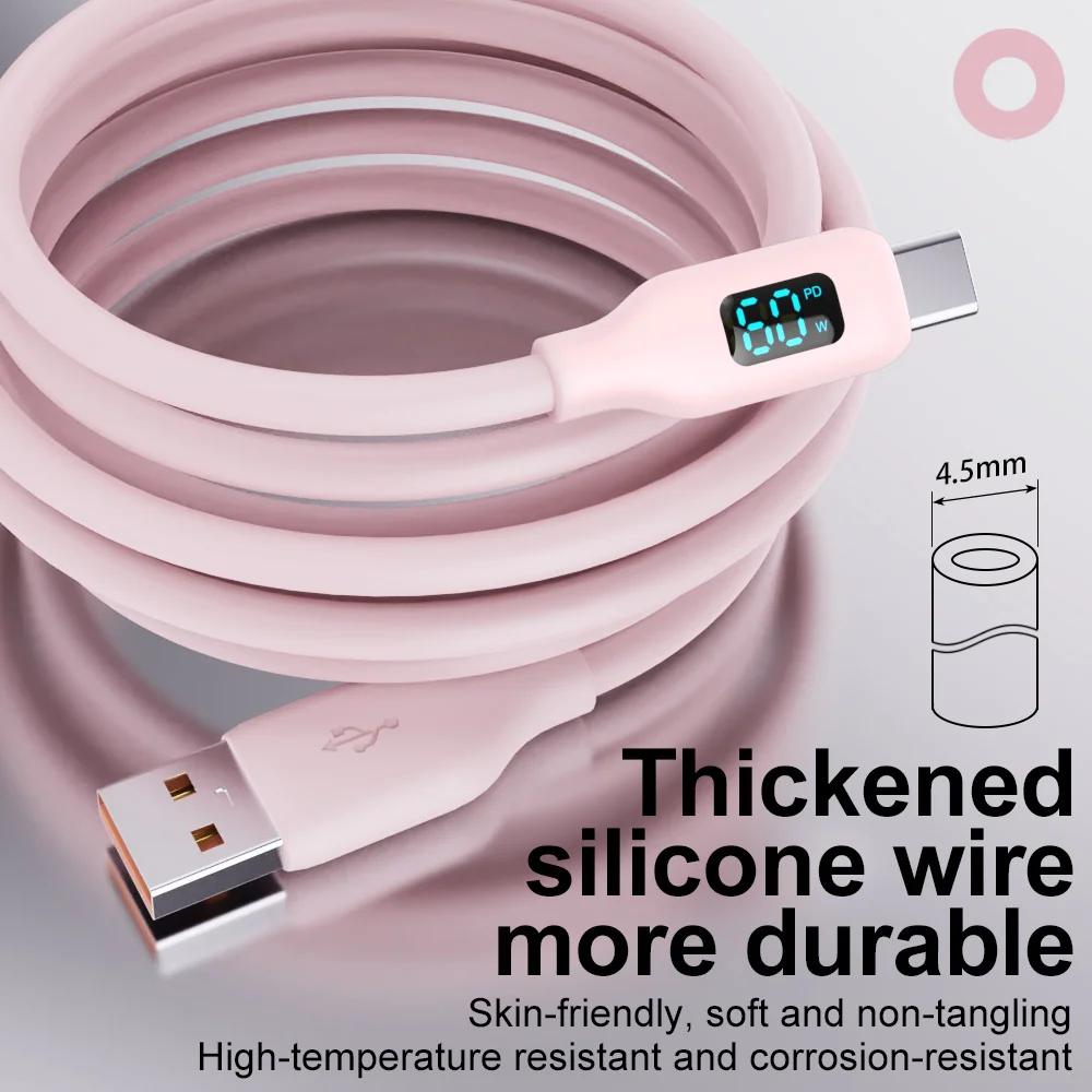 60W 고속 충전 USB A to USB C 케이블, 아이폰 17/16/15 ProMax, 아이패드, 에어팟 및 타입 C 태블릿용 유연한 핑크 실리콘 케이블