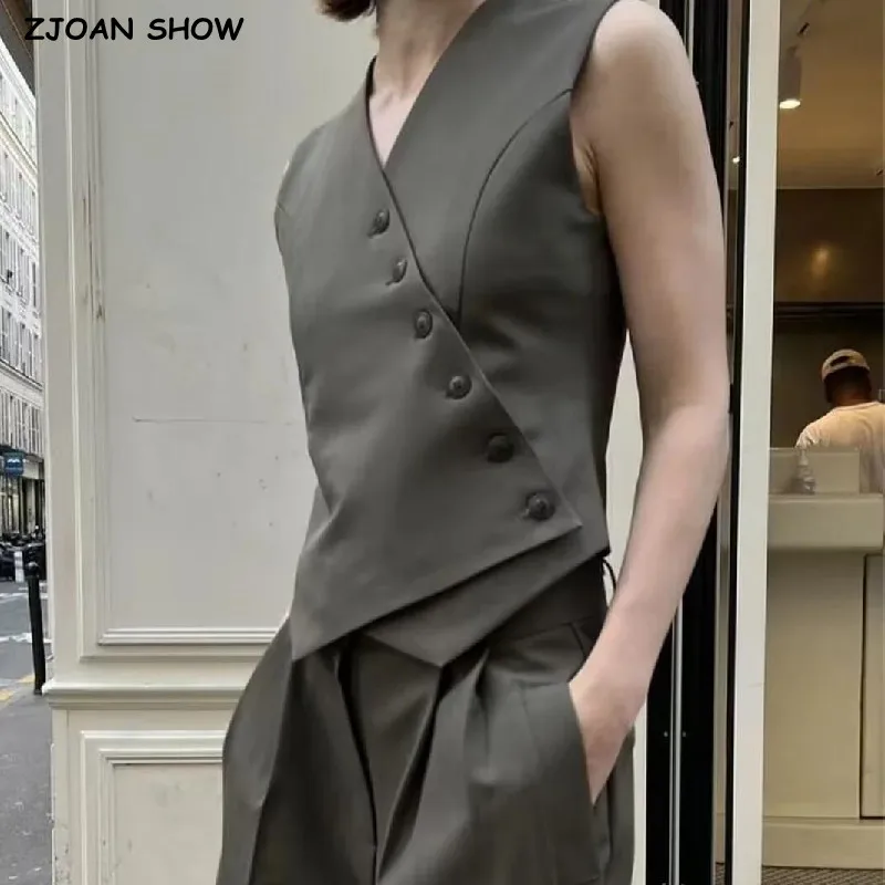 2023 CHIC Women Amry green Asymmetric Diagonal Buttons Waistcoat V neck Vest Sleeveless Jacket Coat