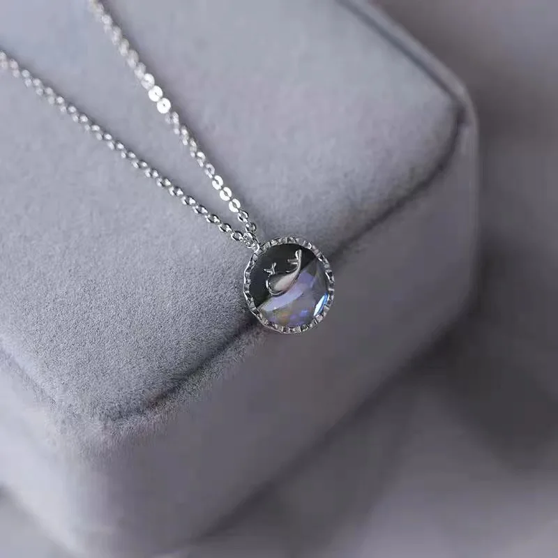 Korean 925 Sterling Silver Crystals Cute Whale Animals Choker Pendant Necklace for Women Girls Female Retro Luxury Jewelry