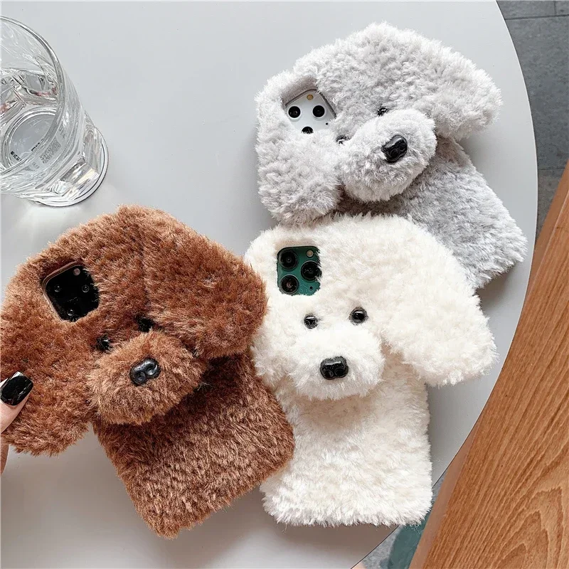 3D Teddy Dog Cartoon Phone Case with Cute Rabbit Fur Cover