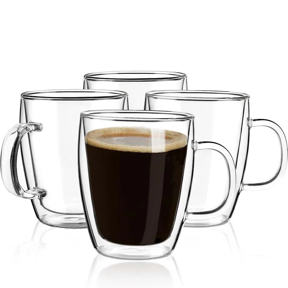 

Double Wall Coffee mugs, 16 Ounces-Clear Glass with Handle,Insulated,Cappuccino,Tea ,Latte Cups,Beverage Glasses Heat Resistant