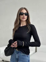 Automne 2025 femmes coupe ajustée ronde Ne Long Sve T-irt Faionable couleur Pure transfrontalier Sle tricoté Polyester haut 4