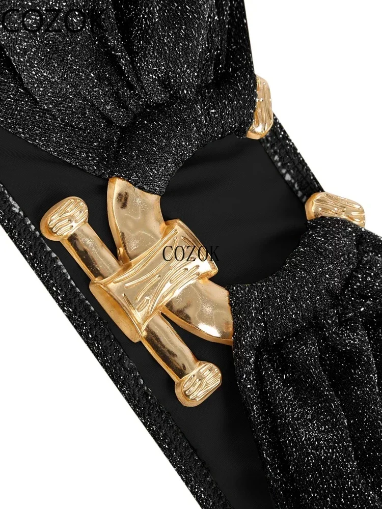 2024 Solid O Ring Swimsuit for Women Tie Side Shiny Metal Hardware Ring Bandeau Bikini Swimwear Padded  Bra Top Low Waisted
