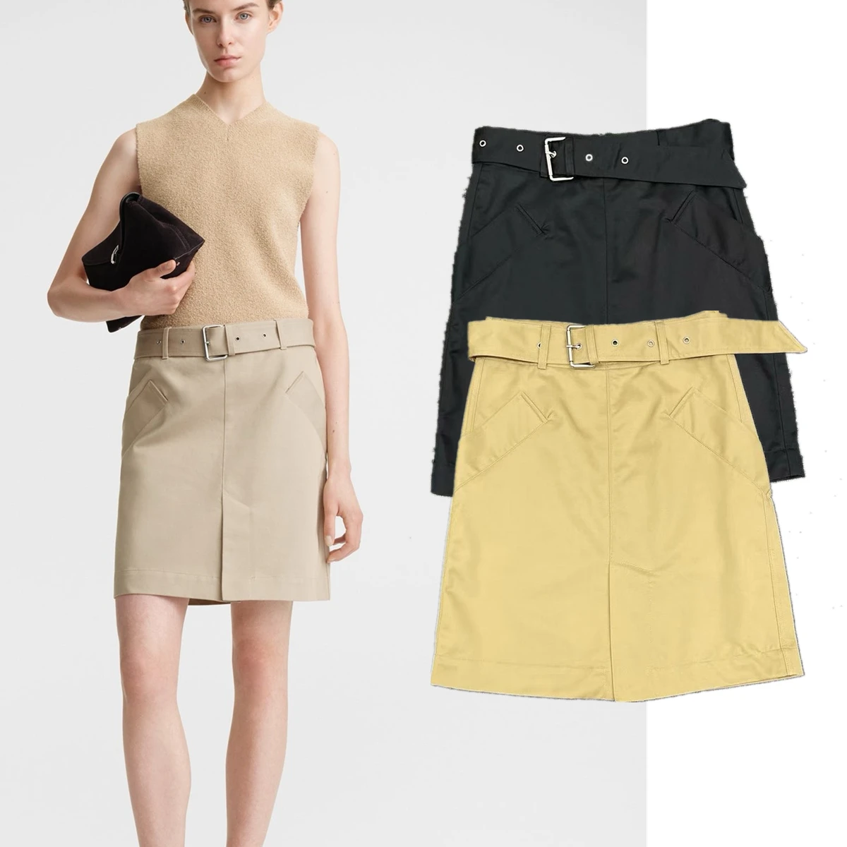 

Withered Solid Color High Waisted Skirt Nordic Skirt Women Minimalist With Belt For Casual Commuter Mini Cotton