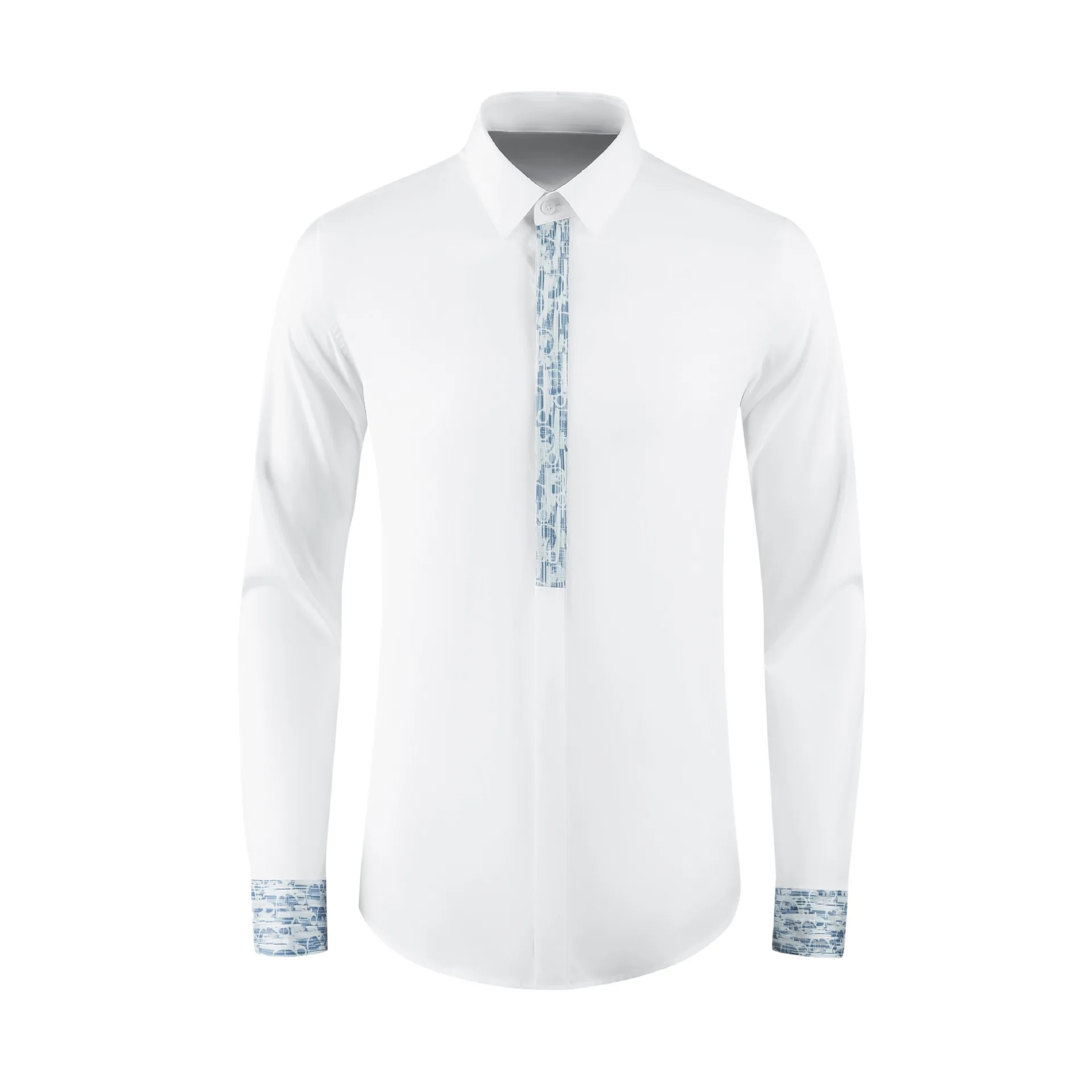 

Men's slim fit letter blue digital print patchwork contrasting color shirt, fashionable and unique cotton spinning