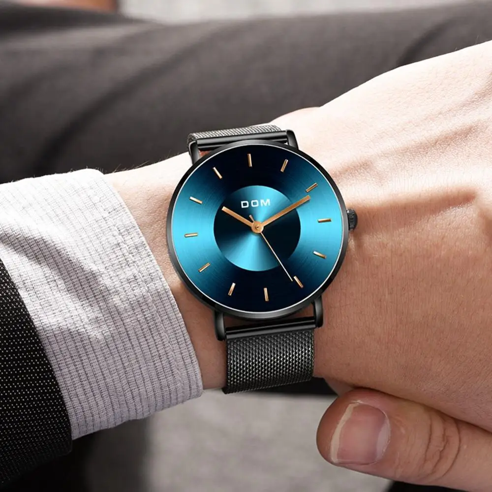 DOM New Top Luxury Brand Men Wrist Watch Quartz Clock Blue Dial Slim Watch Men Waterproof Sport Relogio Masculino M-1289BK