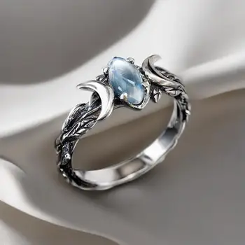 YILUOCD Vintage Natural Moonstone Ring Witchcraft Triple Moon Goddess Rings for Women Engagement Party Wedding Jewelry Anillos 1