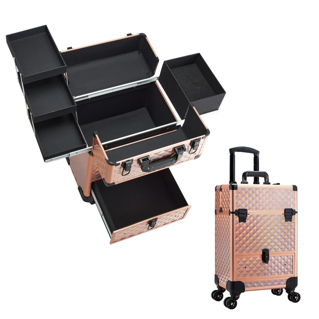 Mallette 3 étages Roulettes Mallette Maquillage Roulante Loobiiny 3 étages - Professionnelle Coiffeur Esthéticienne - Rose Aluminium Valise Cosmétique Mobile