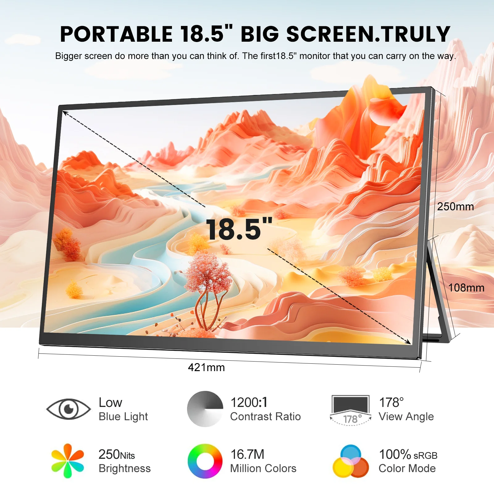 18.5인치 휴대용 모니터 100Hz RGB100% VESA 홀 및 후면 브래킷 포함 노트북 확장 디스플레이 게이밍 프리싱크 ADS-IPS HDR 스크린