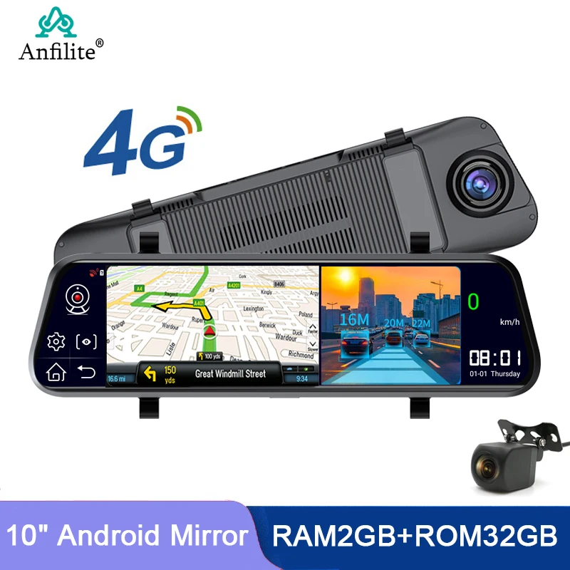 안드로이드 8.1 GPS 네비게이터, ADAS 지원 백미러 카메라, 1080p 비디오 레코더, 듀얼 렌즈 대시캠, 자동차 모니터, 10 인치, 4G