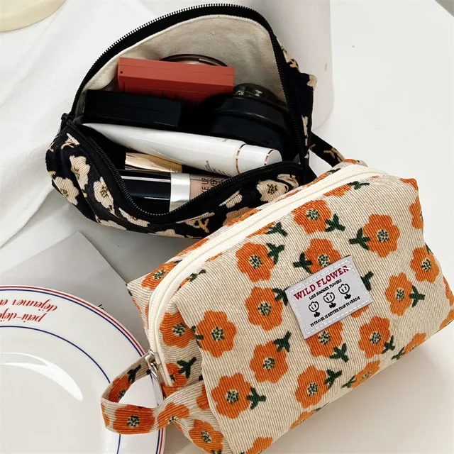 Women s Cosmetic Bag Corduroy Flower Lipsticks Makeup Bag